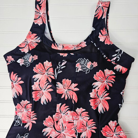Women's Black & Pink Tropical Floral Print Modest One Piece Swim Dress Size 2XL - Picture 2 of 13